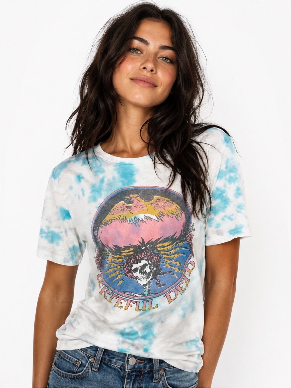 Junk Food Grateful Dead Tie Dye Graphic Tee XS Blue White Skull Roses Eagle Tee